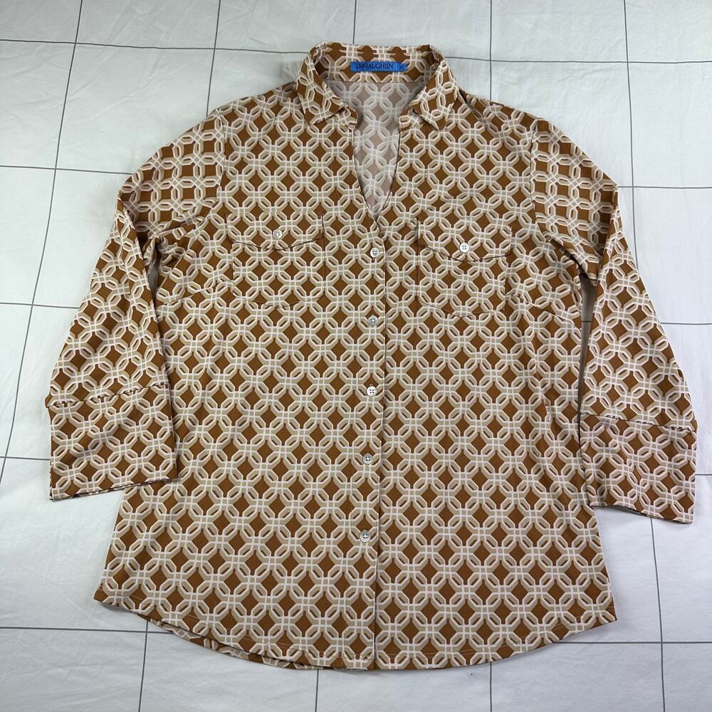 J.McLaughlin Top Womens XS Tan Brown Geometric Collared V Neck Button Up Casual